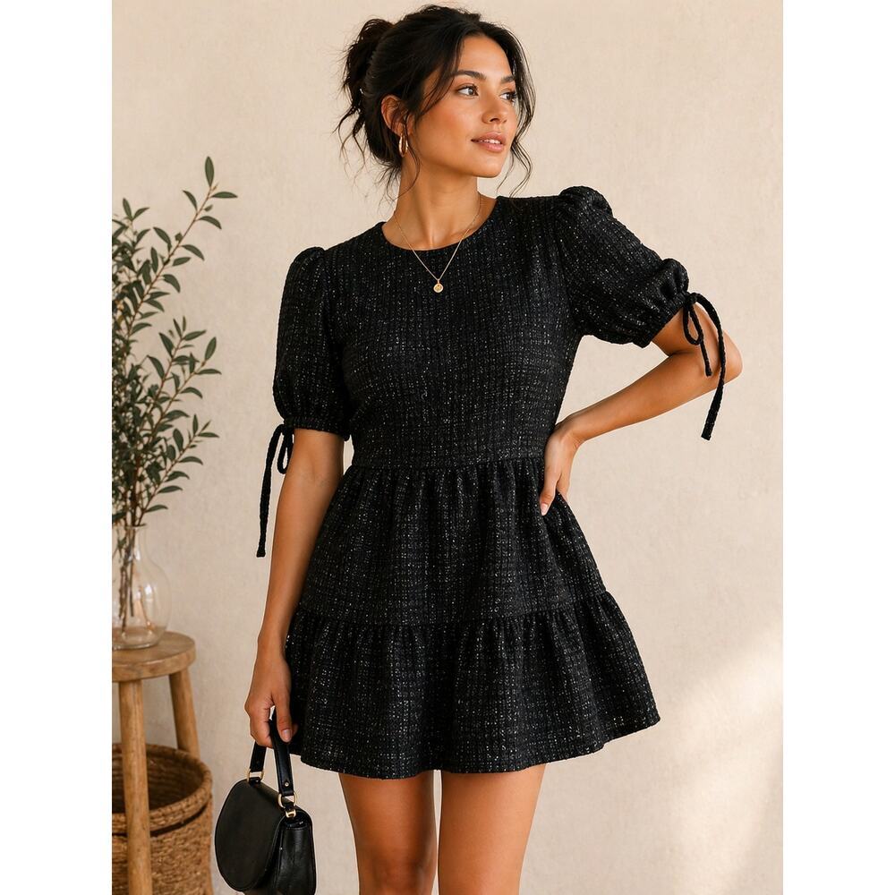 Black Puff Sleeve Mini Dress Textured Tiered Coquette Fall Aesthetic S